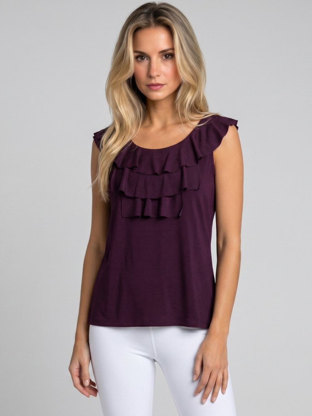 Claudia Richard Ruffle Front Blouse Women’s Medium Plum Sleeveless Layered Top